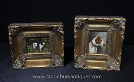 Pair Small Victorian Dog Oil Paintings Cocker Spaniel Art
